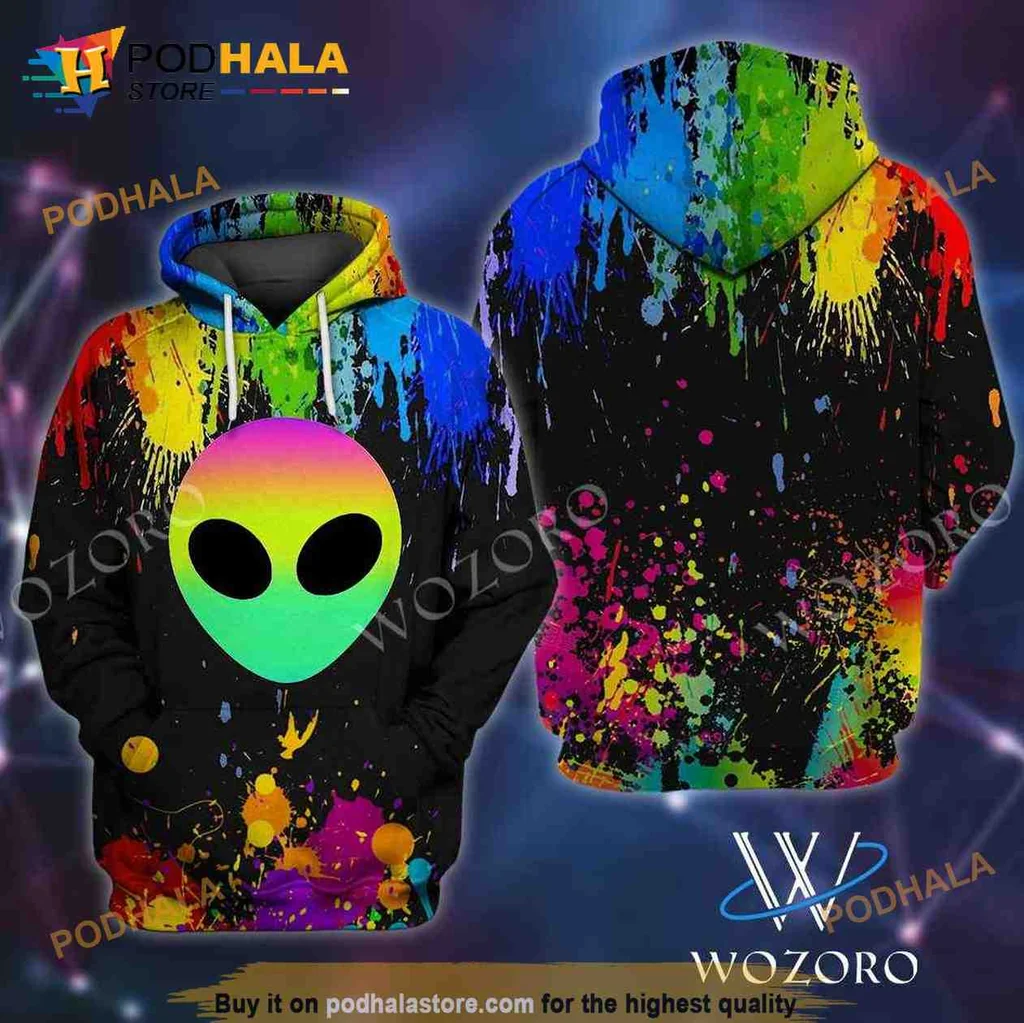 Vibrant Alien Head 3d Hoodie Featuring Colorful Paint Splashes