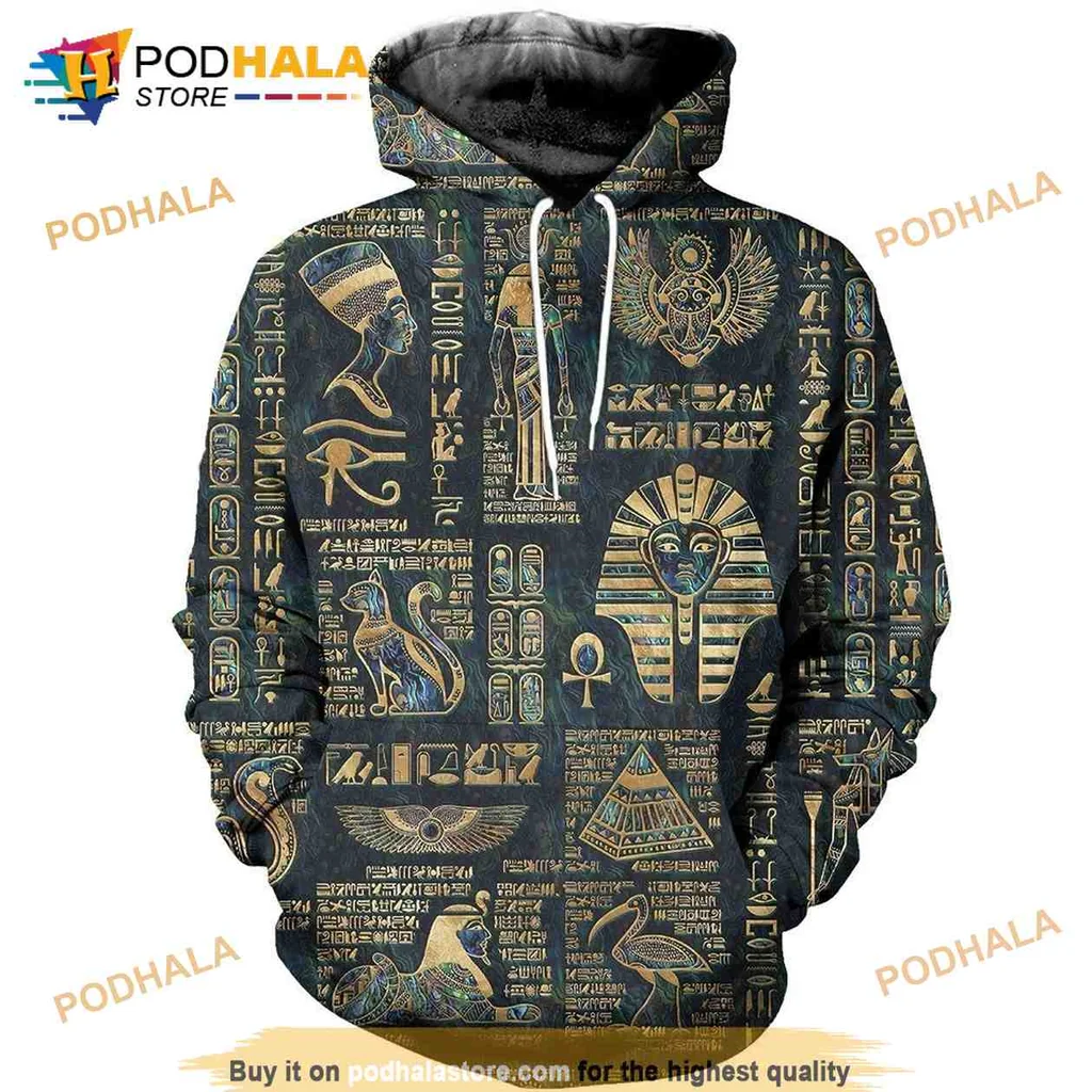 Vibrant Ancient Egyptian Deities 3d Hoodie Featuring Hieroglyphic Design