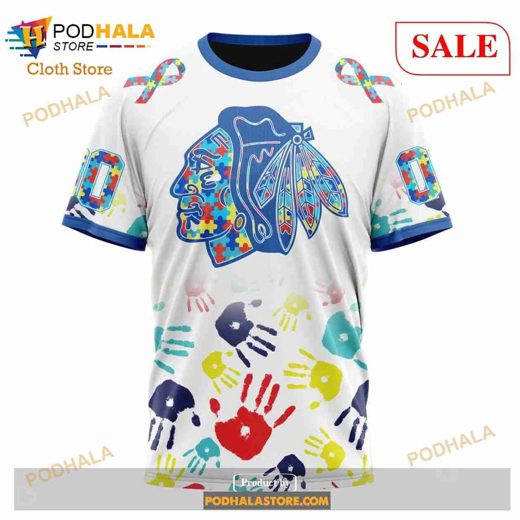 Vibrant Autism Awareness Chicago Blackhawks 3d Hoodie With Colorful Headdress Design - Product View 6 Vibrant Autism Awareness Chicago Blackhawks 3d Hoodie With Colorful Headdress Design - Product View 6