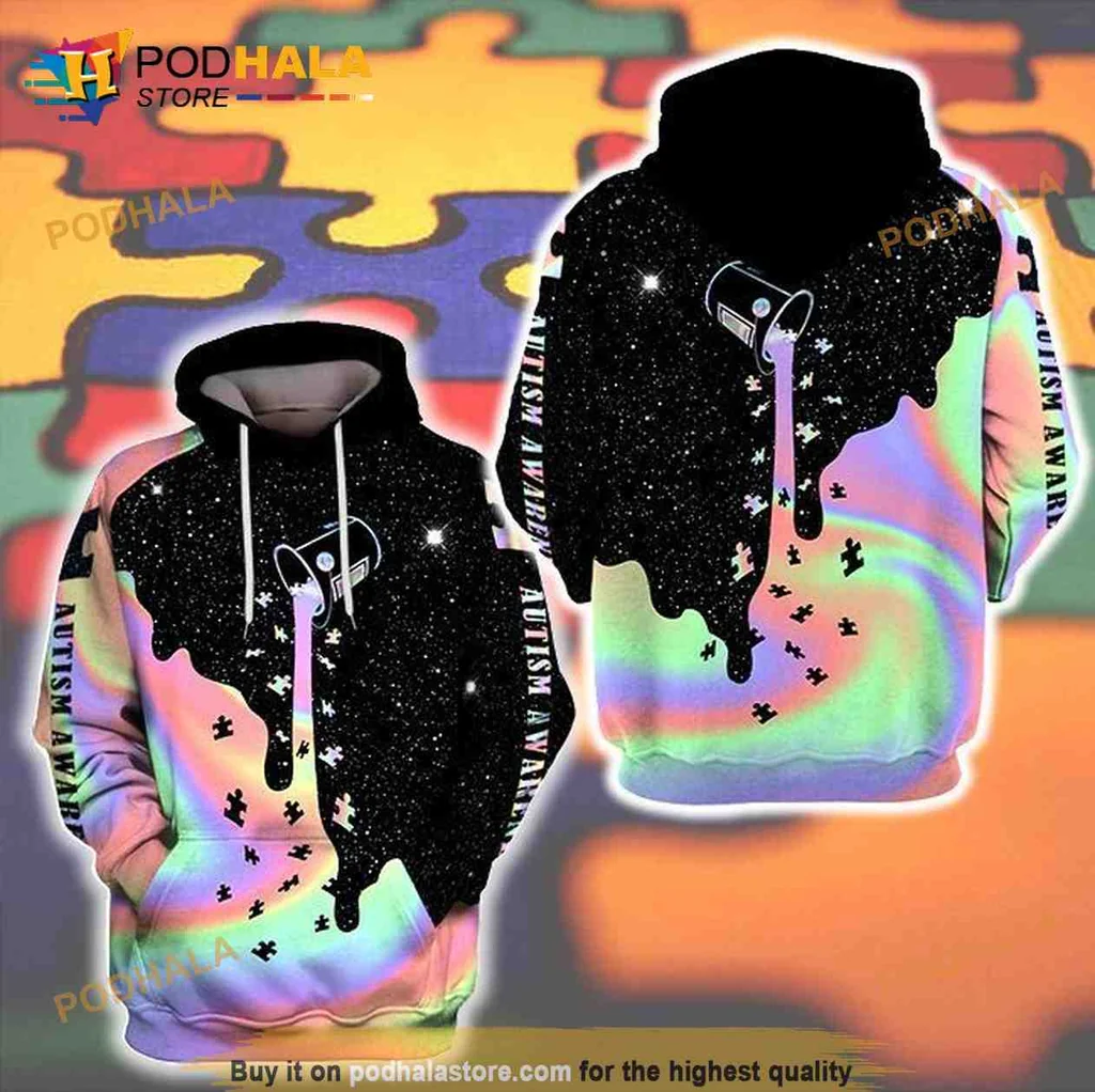 Vibrant Autism Awareness Galaxy 3d Hoodie With Colorful Puzzle Piece Design