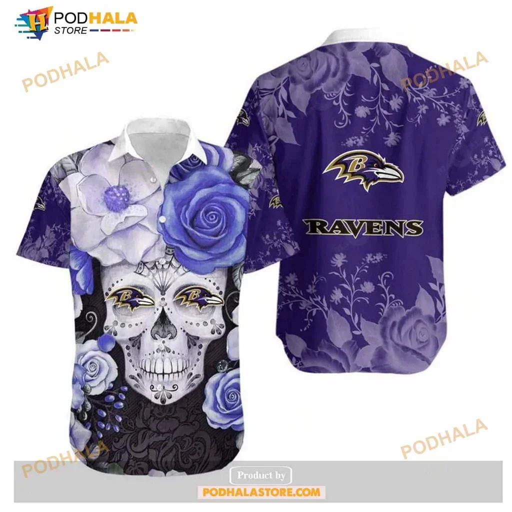 Vibrant Baltimore Ravens Skull Aloha Shirt With Floral Design