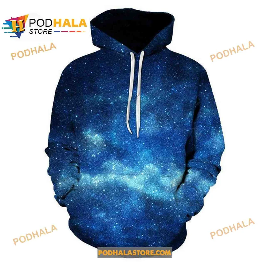 Vibrant Blue Galaxy 3d Hoodie Featuring Starry Night Sky Design