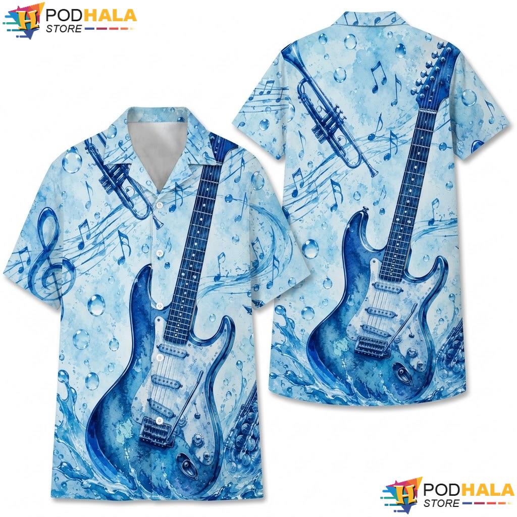 Vibrant Blue Guitar Hawaiian Shirt Musical Instrument Casual Button Up