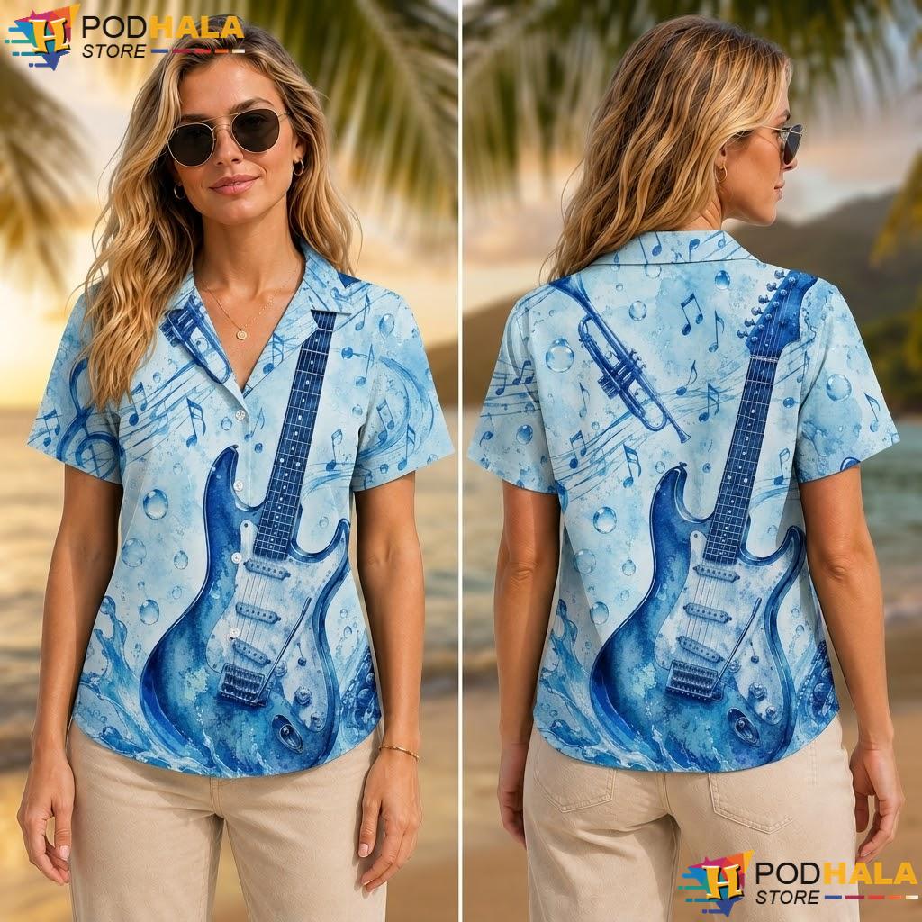 Vibrant Blue Guitar Aloha Shirt Musical Instrument Casual Button Up Vibrant Blue Guitar Aloha Shirt Musical Instrument Casual Button Up