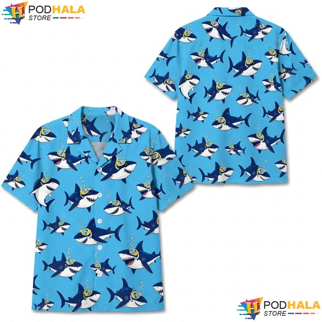 Vibrant Blue Shark Hawaiian Shirt Playful Cartoon Beach Lover Apparel