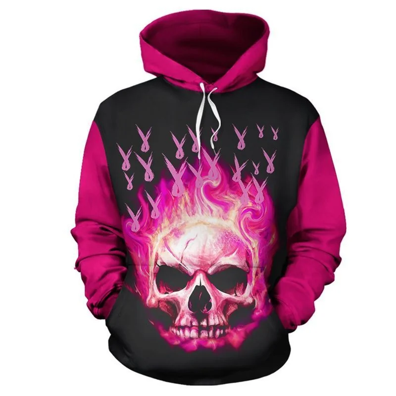 Vibrant Breast Cancer Skull 3d Hoodie With Bold Flames And Pink Ribbons