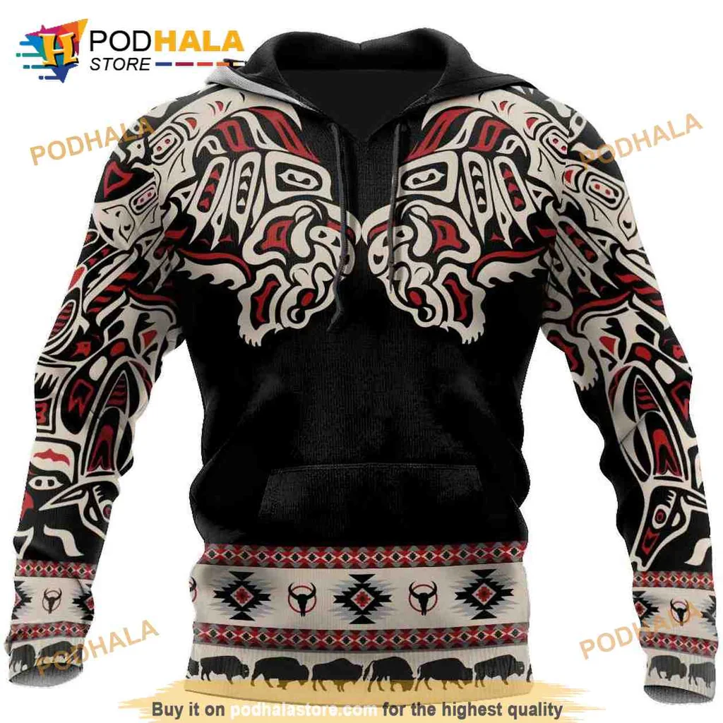 Vibrant Buffalo 3d Hoodie Featuring Native American Tribal Patterns