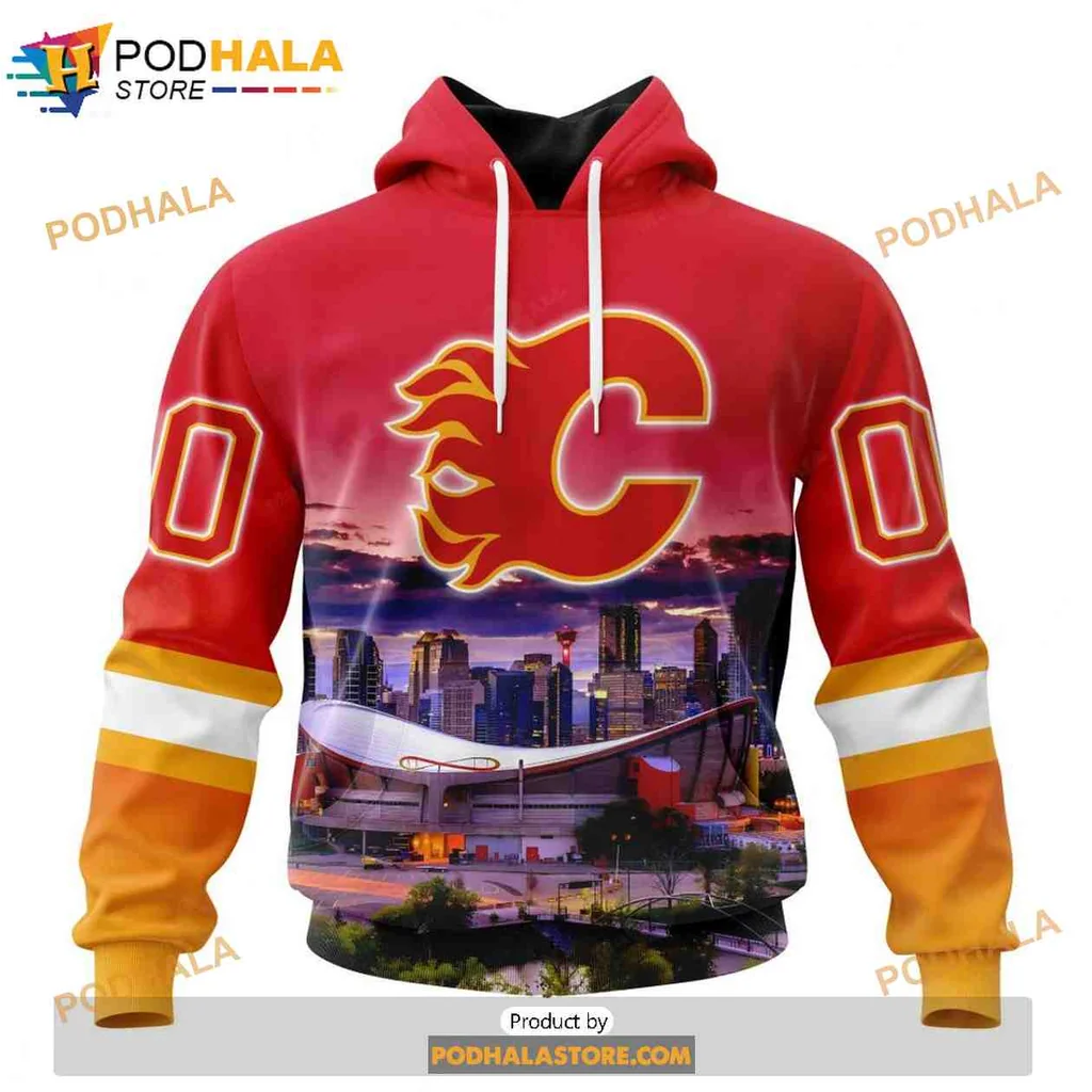 Vibrant Calgary Flames 3d Hoodie Featuring City Skyline And Fiery Logo