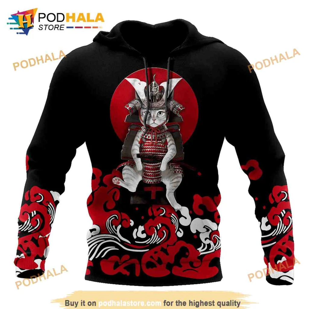 Vibrant Cat Samurai 3d Hoodie Featuring Bold Red Rising Sun Design