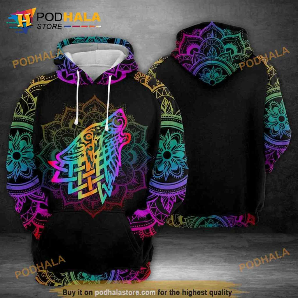 Vibrant Celtic Wolf 3d Hoodie With Geometric Patterns And Mystical Design