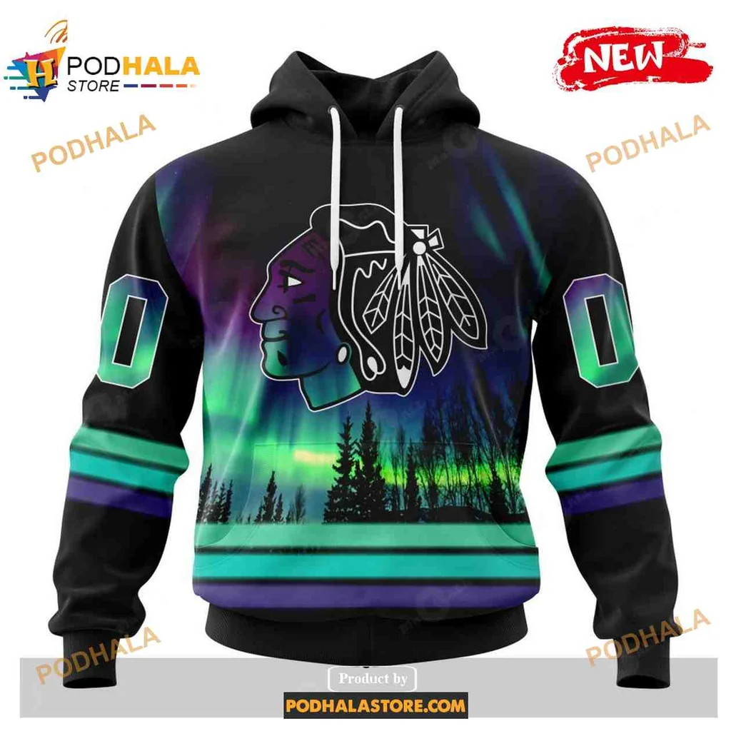 Vibrant Chicago Blackhawks Northern Lights 3d Hoodie With Native American Graphic