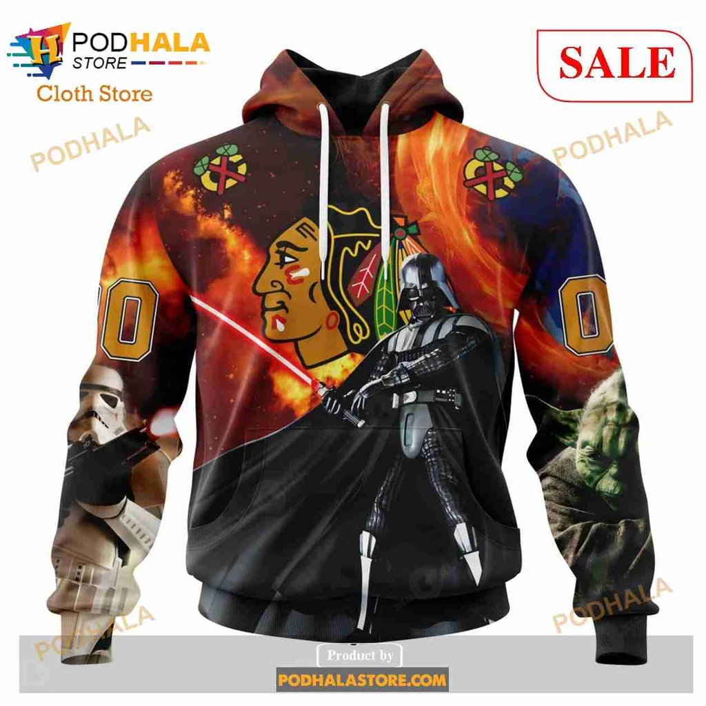 Vibrant Chicago Blackhawks Star Wars 3d Hoodie Featuring Darth Vader And Yoda