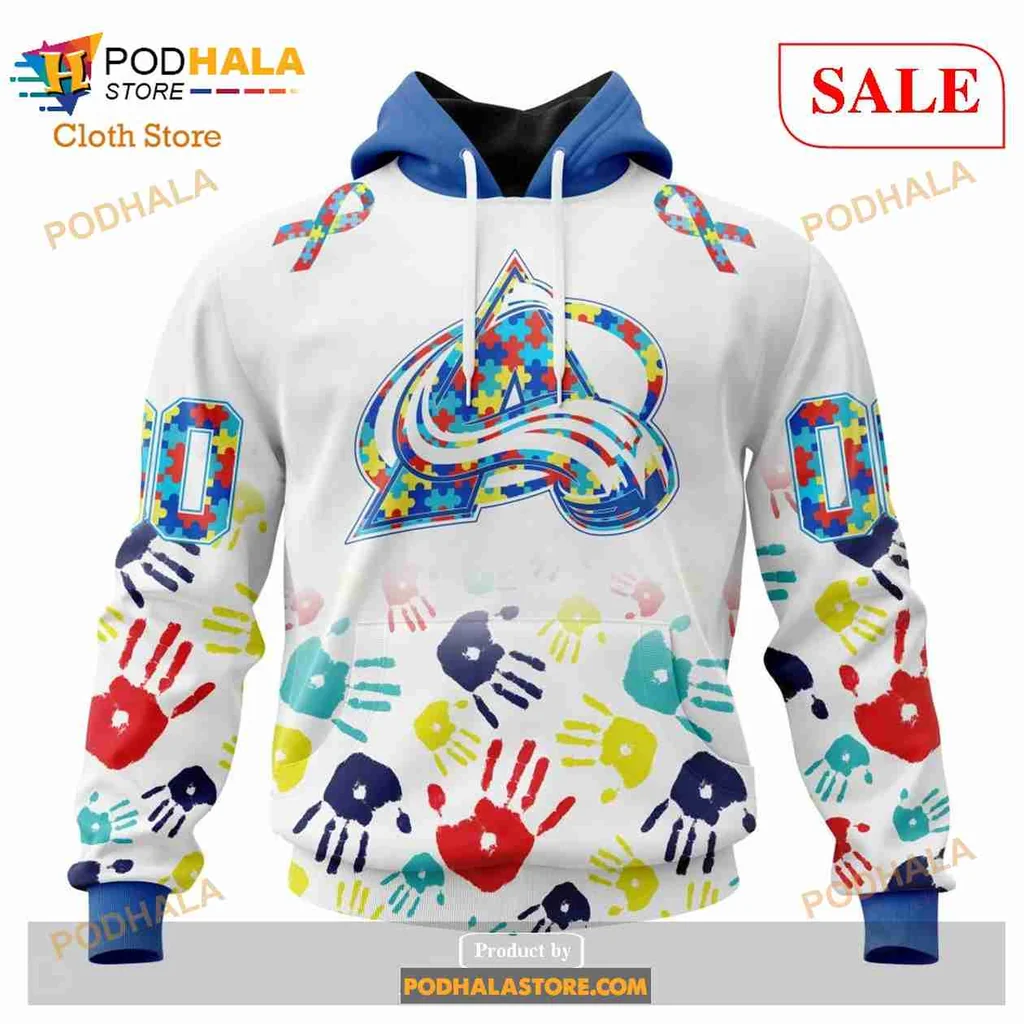 Vibrant Colorado Avalanche Autism Awareness Hoodie With Colorful Handprints
