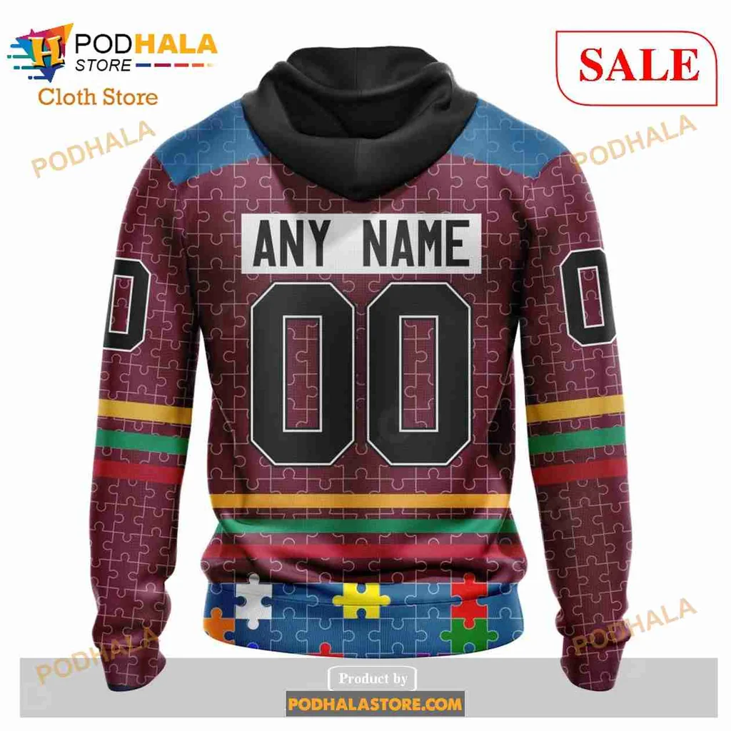 Vibrant Colorado Avalanche Autism Awareness Hoodie With Colorful Puzzle Design - View 2 Vibrant Colorado Avalanche Autism Awareness Hoodie With Colorful Puzzle Design - View 2