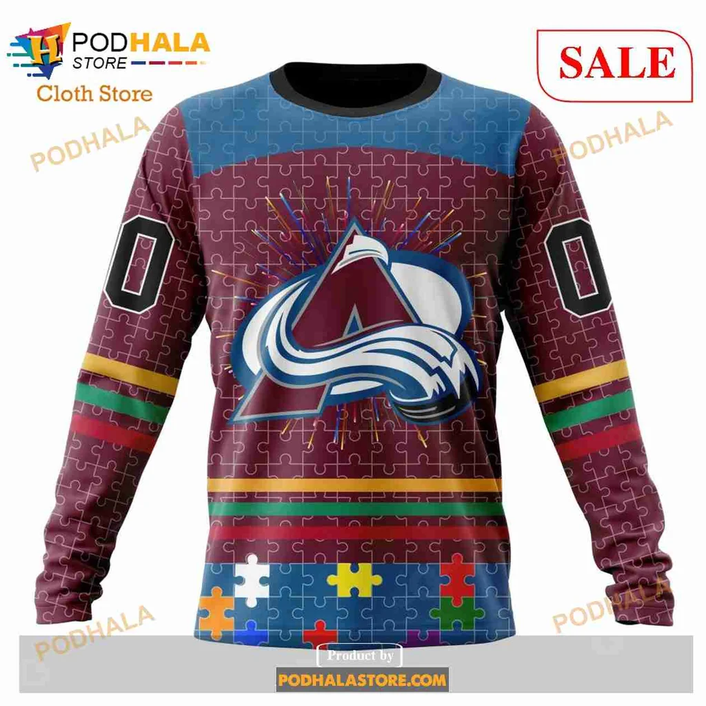 Vibrant Colorado Avalanche Autism Awareness Hoodie With Colorful Puzzle Design - View 3 Vibrant Colorado Avalanche Autism Awareness Hoodie With Colorful Puzzle Design - View 3