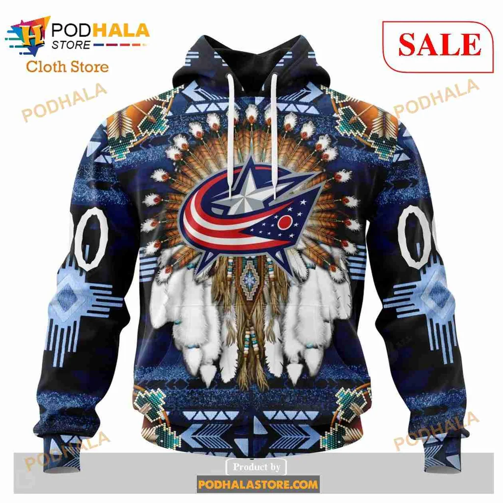 Vibrant Columbus Blue Jackets Hoodie With Native American Inspired Design