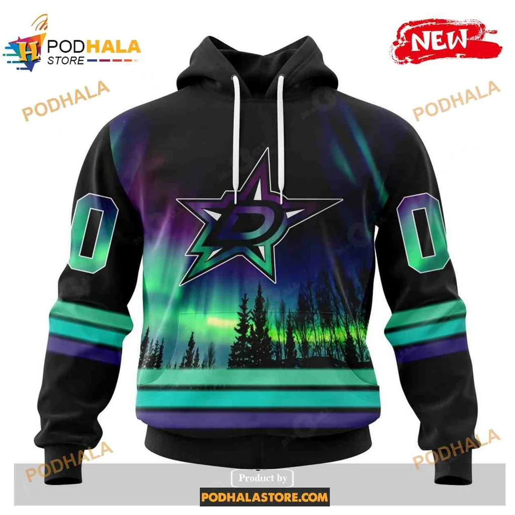 Vibrant Dallas Stars Northern Lights 3d Hoodie With Striking Green Design