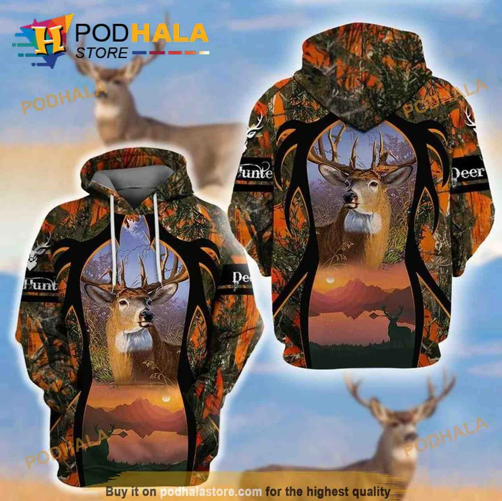 Vibrant Deer Sunset 3d Hoodie Featuring Realistic Nature Design