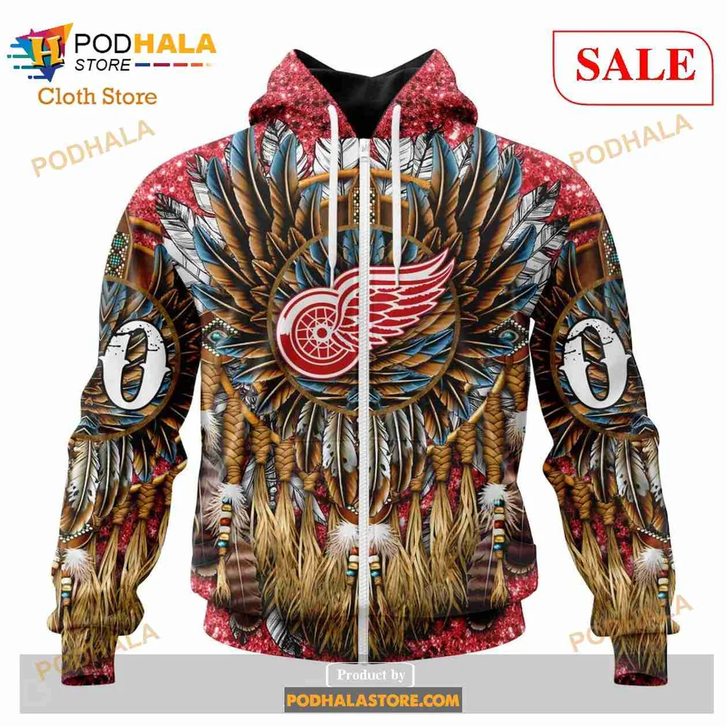 Vibrant Detroit Red Wings Hoodie Featuring Native American Motifs And Logo - View 1 Vibrant Detroit Red Wings Hoodie Featuring Native American Motifs And Logo - View 1