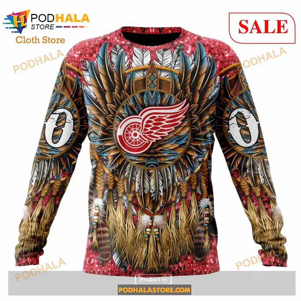 Vibrant Detroit Red Wings Hoodie Featuring Native American Motifs And Logo - View 3 Vibrant Detroit Red Wings Hoodie Featuring Native American Motifs And Logo - View 3