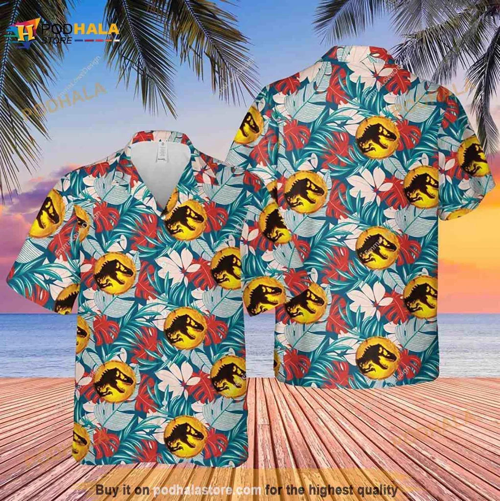 Vibrant Dinosaur Floral Hawaiian Shirt With Tropical T Rex Design