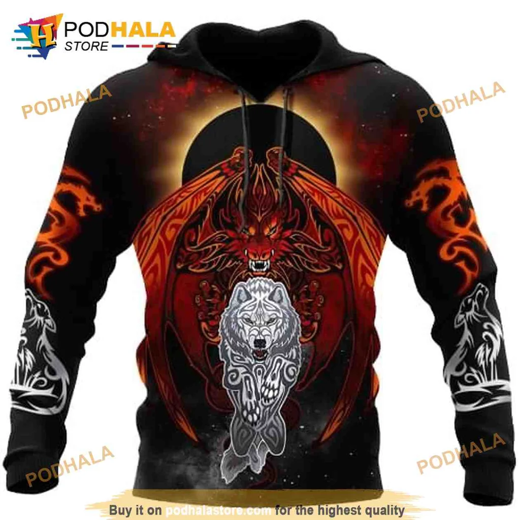 Vibrant Dragon And Wolf 3d Hoodie Sweatshirt With Tribal Motifs