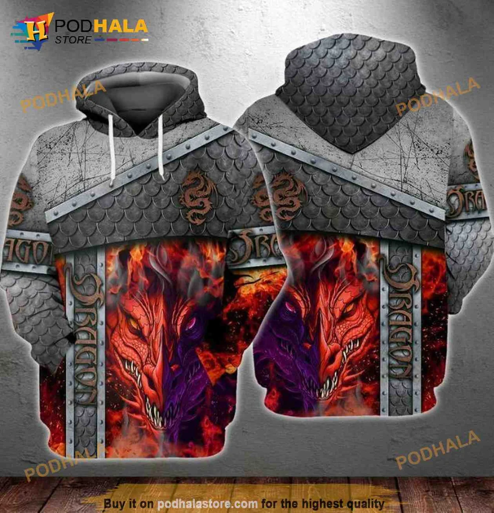 Vibrant Dragon Head 3d Hoodie With Fiery Colors And Medieval Design