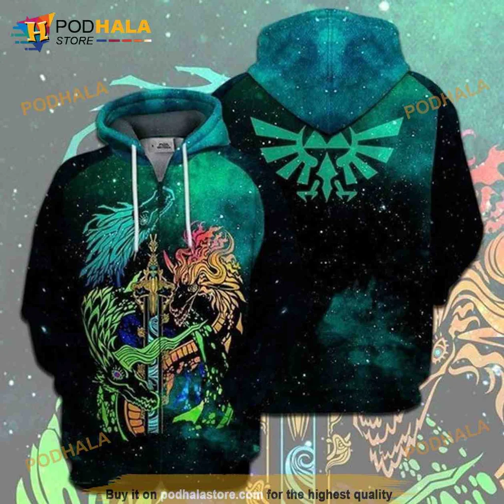 Vibrant Dragon Warrior 3d Hoodie Featuring Cosmic Design And Triforce Symbol