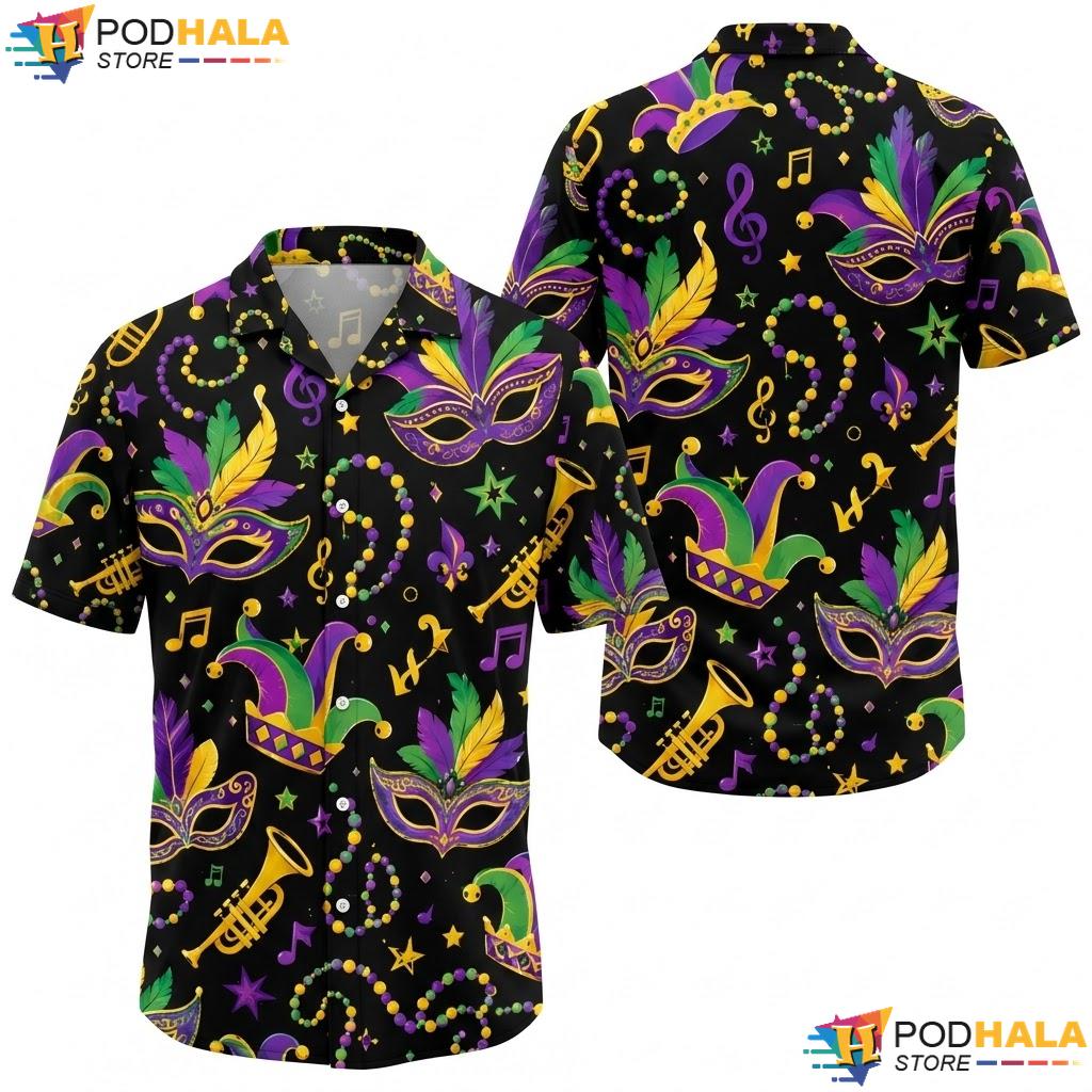 Vibrant Festival Mask Hawaiian Shirt Playful Mens Short Sleeve Top