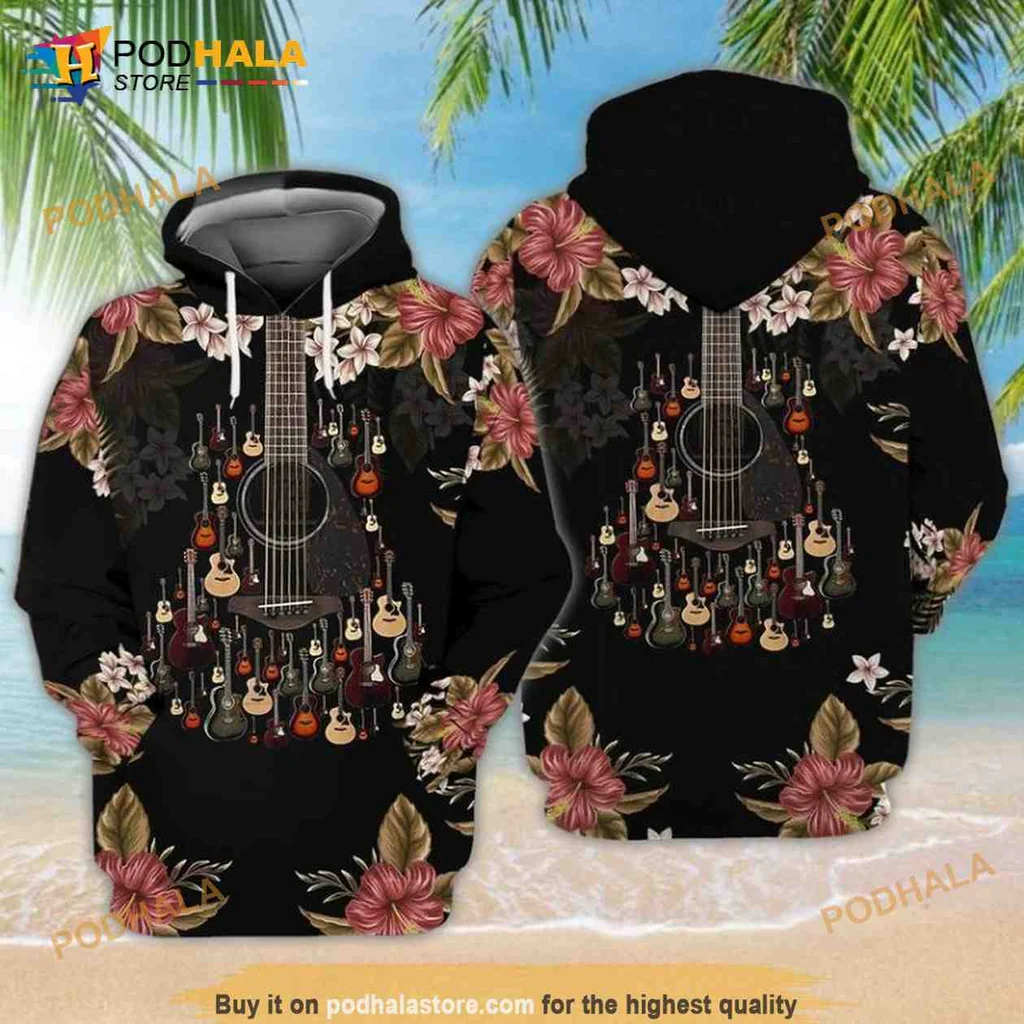 Vibrant Floral Guitar Lover 3d Hoodie, Artistic Design With Colorful Flowers