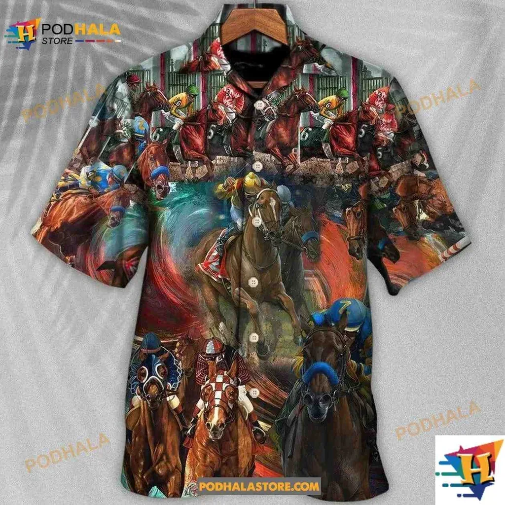 Vibrant Galloping Horses Aloha Shirt Featuring Jockeys In Action