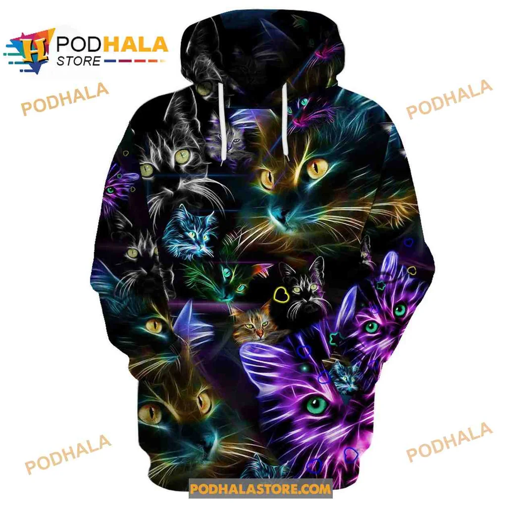 Vibrant Glowing Cats 3d Hoodie Featuring Colorful Cat Designs