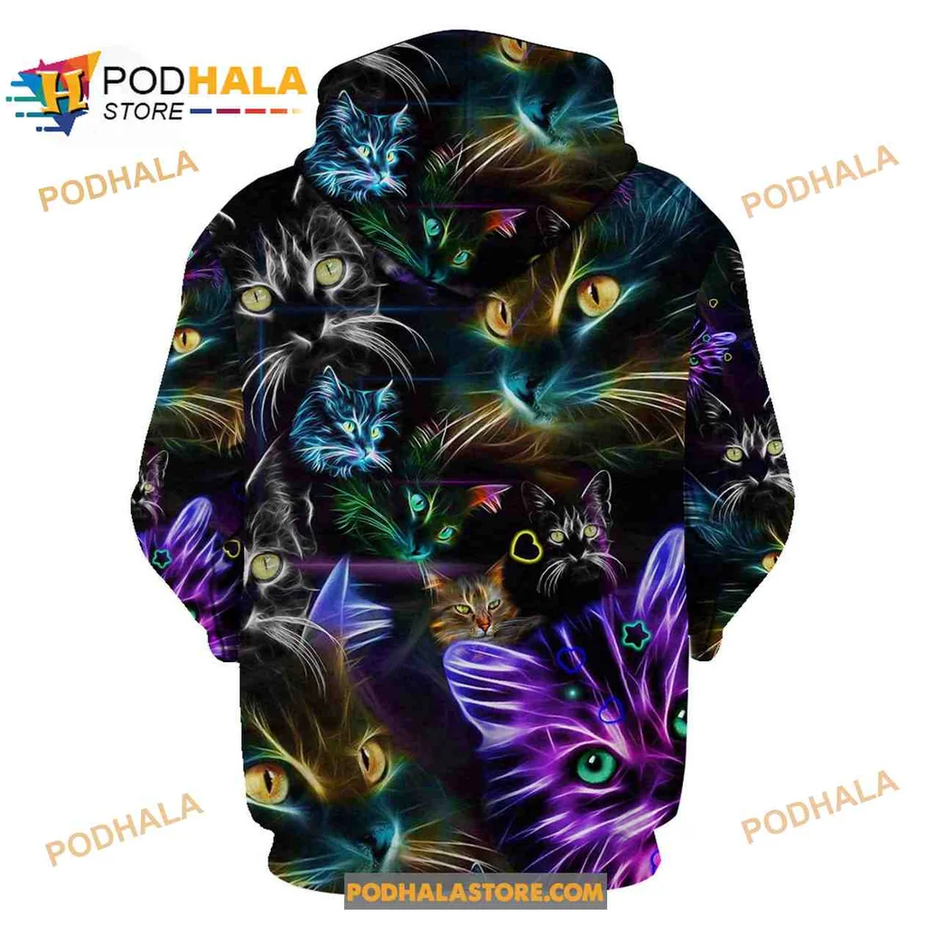 Vibrant Glowing Cats All Over Print Hoodie Featuring Colorful Cat Designs Vibrant Glowing Cats All Over Print Hoodie Featuring Colorful Cat Designs