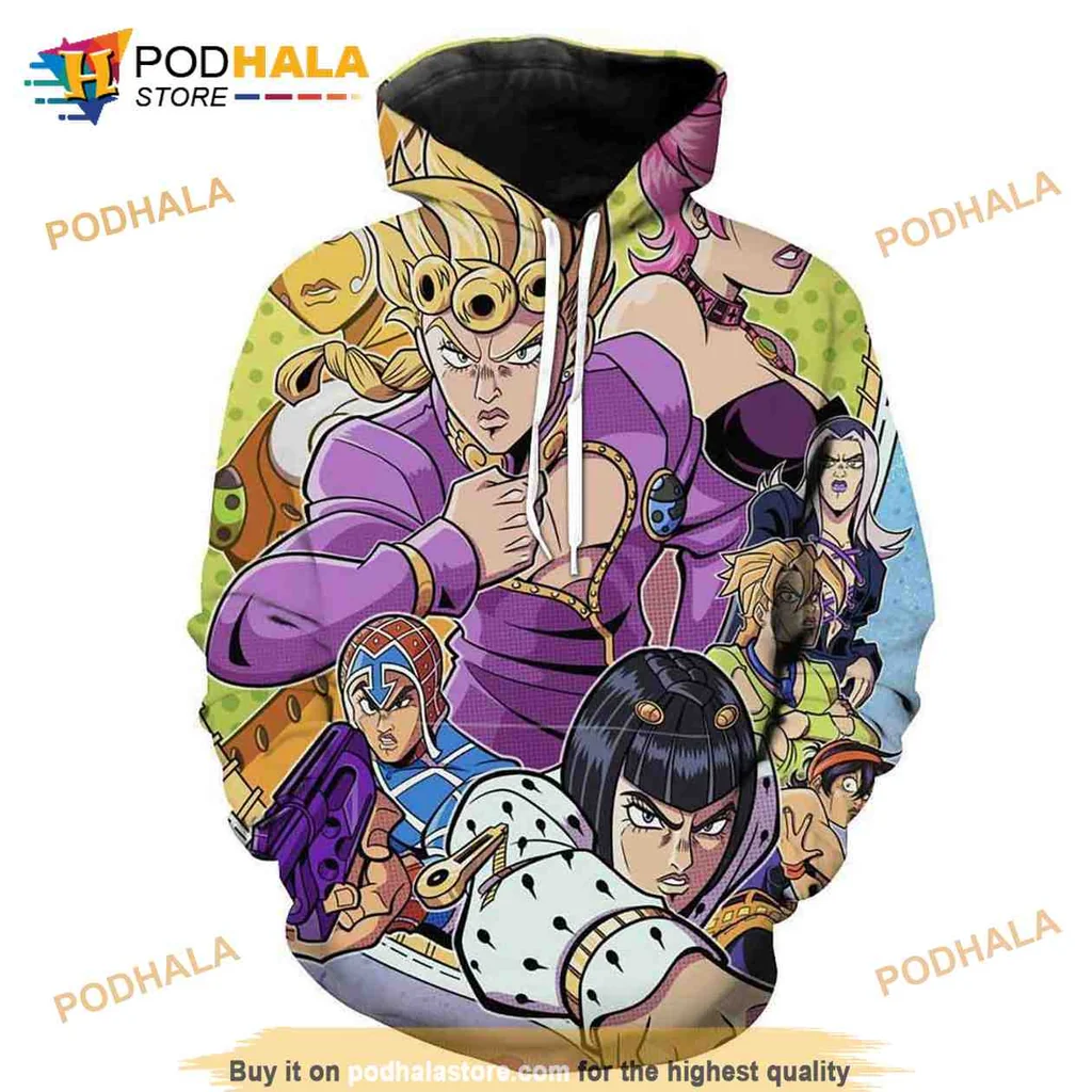 Vibrant Golden Wind Jojo 3d Hoodie Featuring Colorful Anime Characters