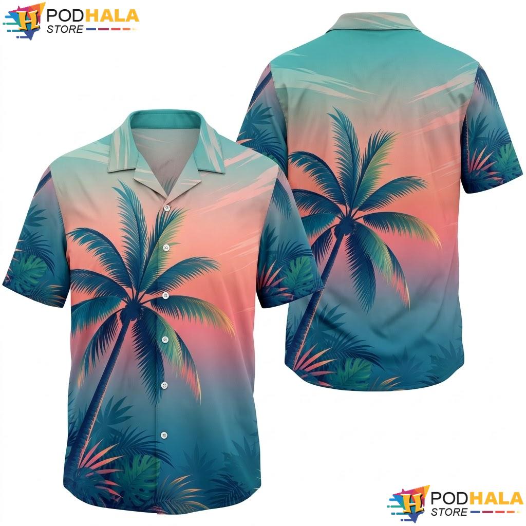 Vibrant Gradient Palm Tree Aloha Shirt Retro Casual Summer Outing Top
