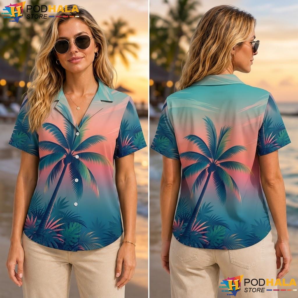 Vibrant Gradient Palm Tree Tropical Shirt Retro Casual Summer Outing Top Vibrant Gradient Palm Tree Tropical Shirt Retro Casual Summer Outing Top