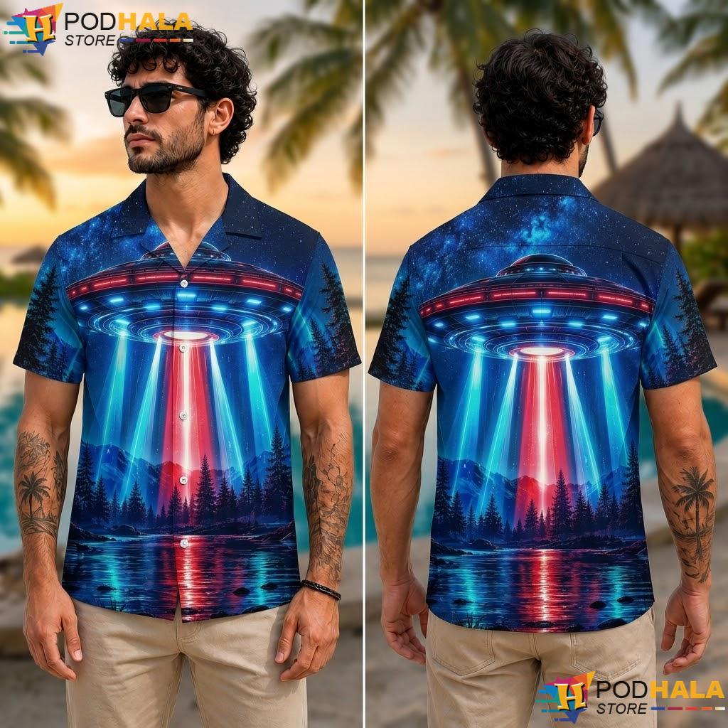 Vibrant Graphic Ufo Cosmic Aloha Shirt Whimsical Sci Fi Fan Top Vibrant Graphic Ufo Cosmic Aloha Shirt Whimsical Sci Fi Fan Top