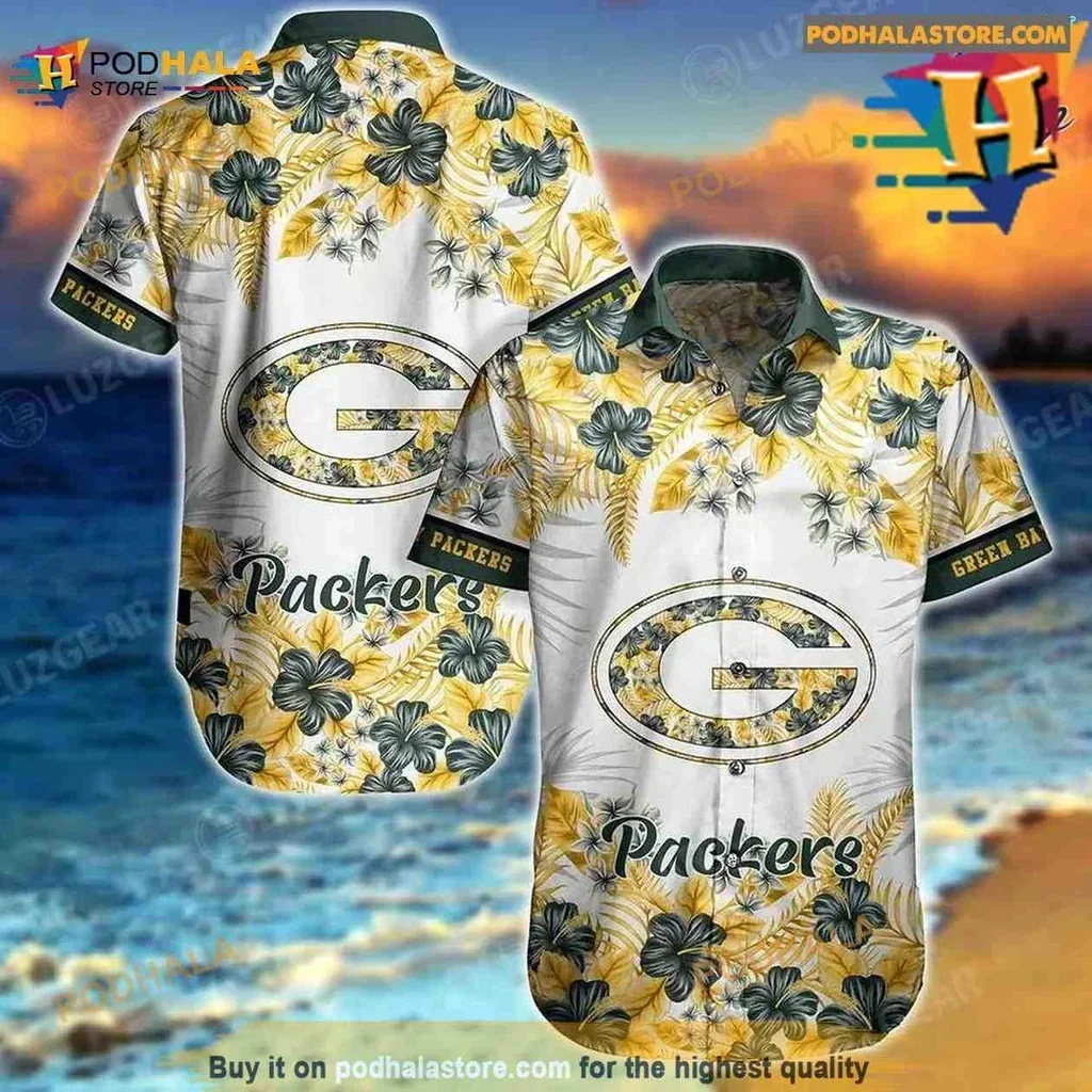 Vibrant Green Bay Packers Aloha Shirt With Hibiscus Floral Design