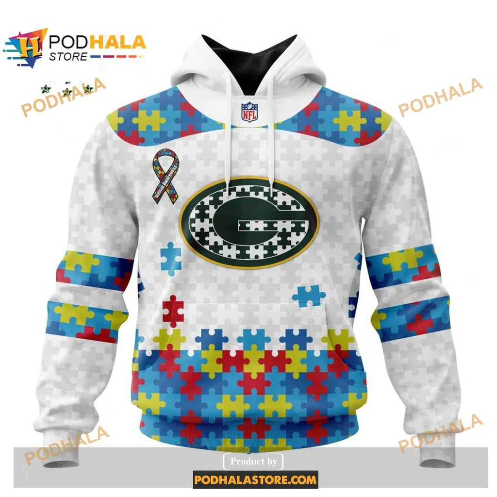 Vibrant Green Bay Packers Autism Puzzle Hoodie With Colorful Design