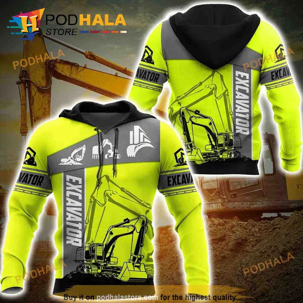 Vibrant Green Excavator 3d Hoodie Featuring Dynamic Construction Design
