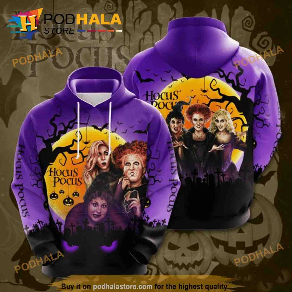 Vibrant Hocus Pocus 3d Hoodie Featuring Whimsical Witches And Halloween Moon