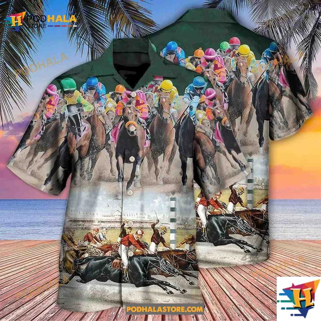 Vibrant Horse Racing Hawaiian Shirt Featuring Colorful Jockeys And Horses