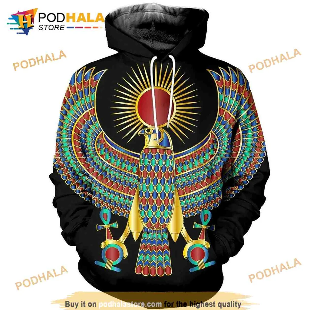 Vibrant Horus Falcon 3d Hoodie Featuring Striking Egyptian Sun Design