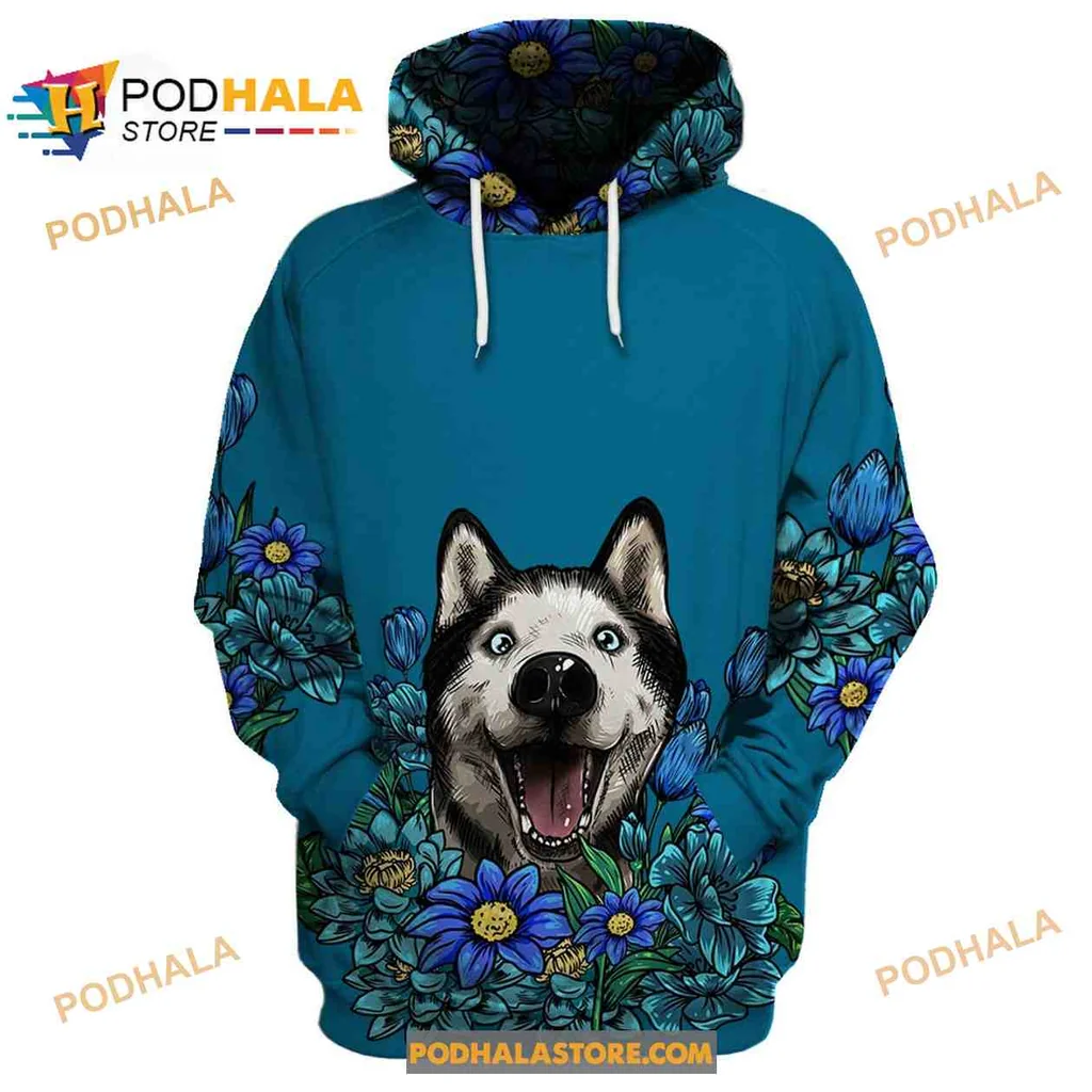 Vibrant Husky Floral 3d Hoodie Featuring Joyful Dog Illustration And Colorful Flowers