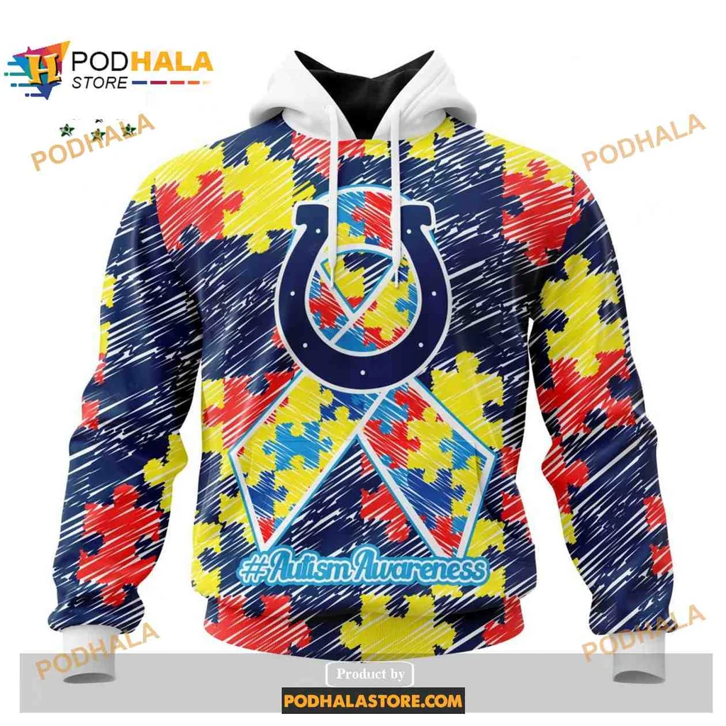 Vibrant Indianapolis Colts Autism Awareness 3d Hoodie With Puzzle Design