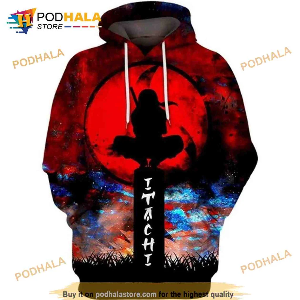 Vibrant Itachi Uchiha 3d Hoodie Featuring Dramatic Blood Moon Design