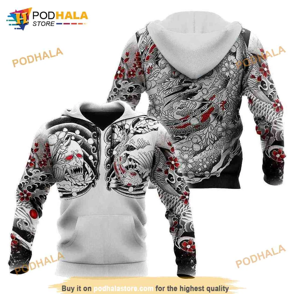 Vibrant Japanese Dragon 3d Hoodie With Intricate Floral Tattoo Design