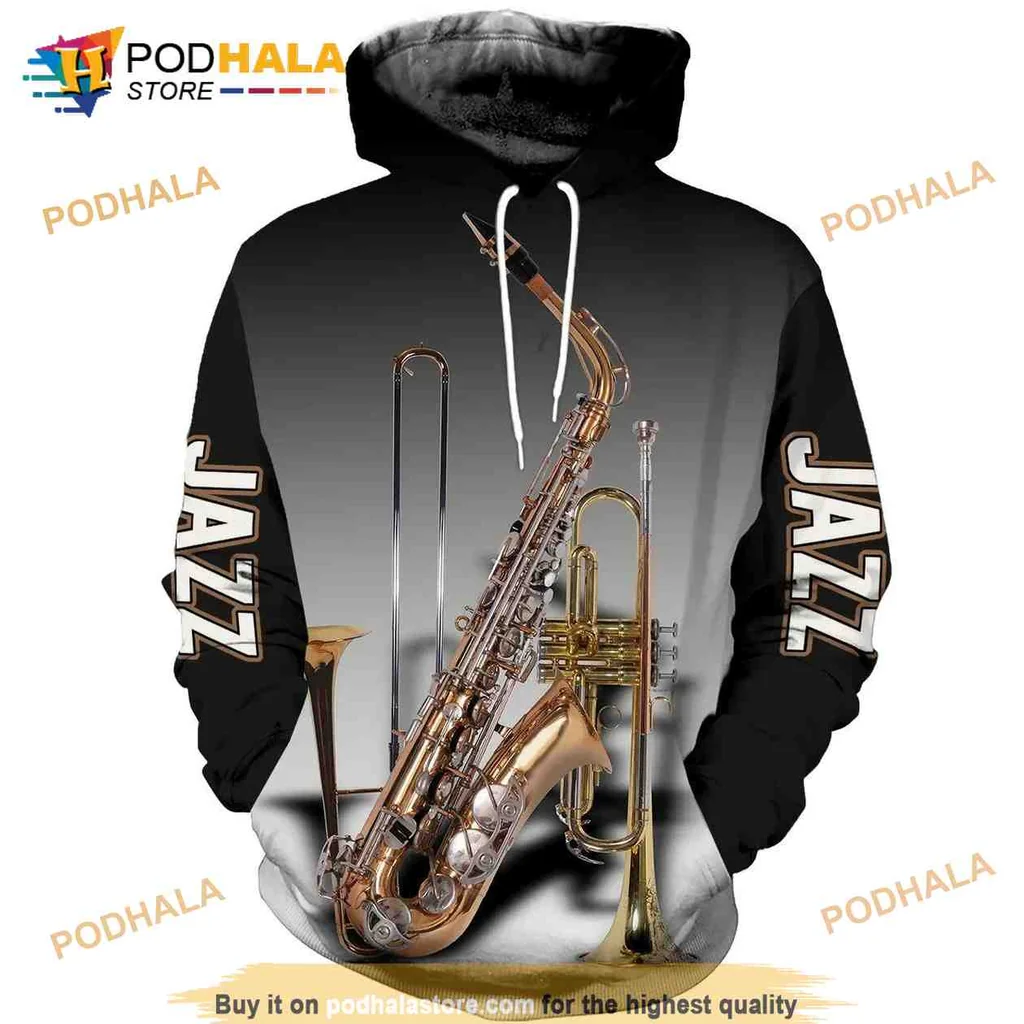 Vibrant Jazz Instruments 3d Hoodie Featuring Saxophone And Trumpet Design