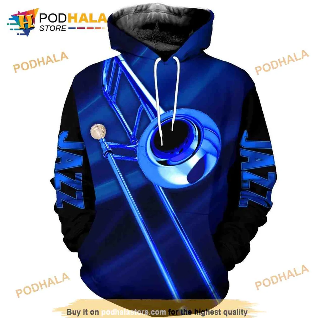 Vibrant Jazz Trombone 3d Hoodie Featuring Bold White Jazz Print