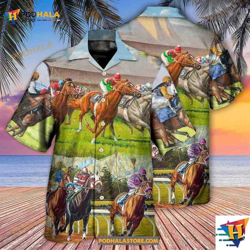 Vibrant Jockey Horse Racing Hawaiian Shirt Featuring Colorful Horses